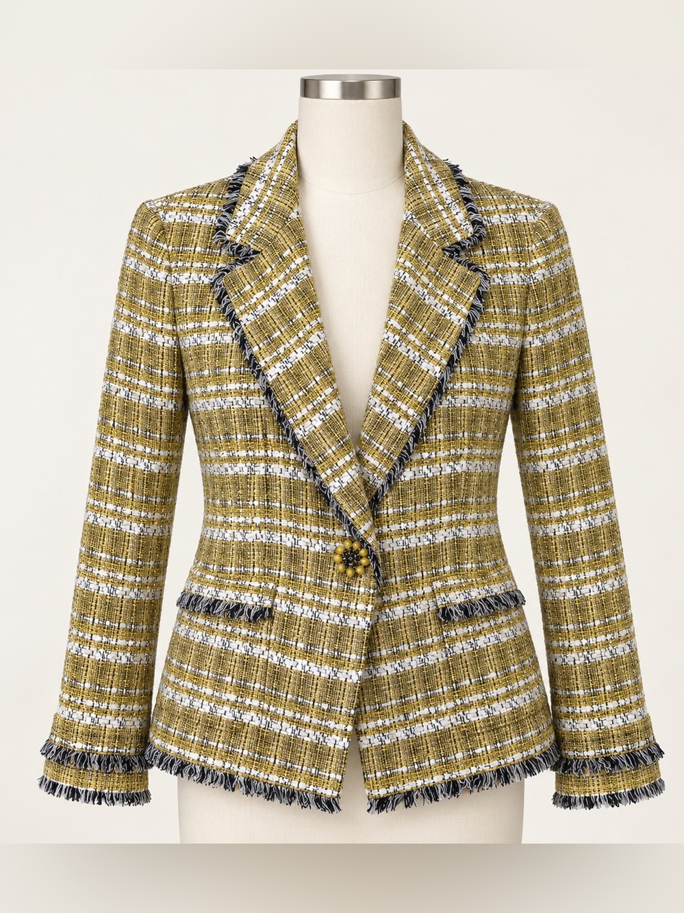 Liu Jo Milano Fringed Chartreuse Tweed Blazer Jacket Jeweled Button IT 44 US 8